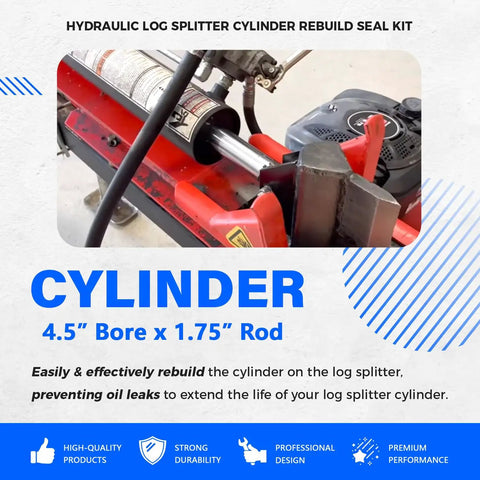 Pro Grade Hydraulic Log Splitter Cylinder Rebuild Seal Kit for 4.5 Inch Bore and 1.75 Inch Rod image showing cylinder setup