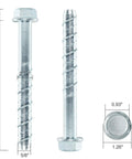 Premium Grade Hex Head Concrete Anchor Bolts 5/8 Inch By 5 Inch Zinc Plated Carbon Steel shown from two angles with measurement details.