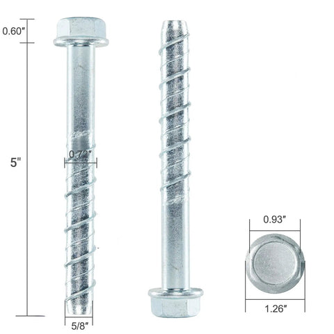 Premium Grade Hex Head Concrete Anchor Bolts 5/8 Inch By 5 Inch Zinc Plated Carbon Steel shown from two angles with measurement details.
