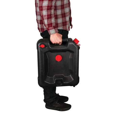 Person carrying Two In One 16 Quart Oil Drain Container With Deep Drain Well Integrated Handle And Sealing Rubber Gaskets.
