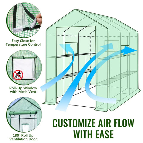 Walk In Backyard Greenhouse With Eight Shelves, Heavy Duty Portable Outdoor Greenhouse, Mesh Side Windows, Durable PE Cover, Protect Plants From Cold Rain Pests, Ideal For Indoor Outdoor Garden