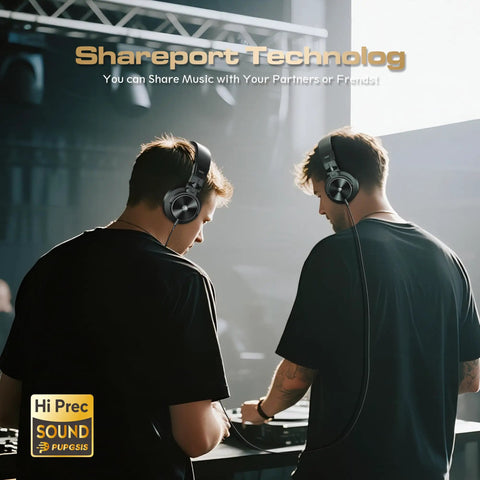 Two people using Wired Over-Ear Studio Monitor Headphones For Recording And Mixing With Fifty Millimeter Drivers And Wide Frequency Response