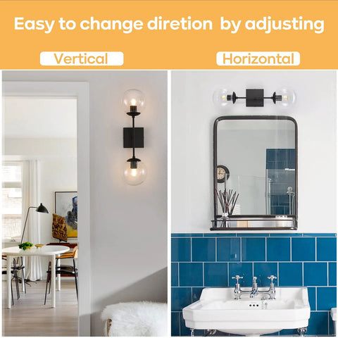 Black Double Wall Sconce Vanity Light With Two White Glass Globes Mid Century Modern Globe Lighting for vertical and horizontal installation