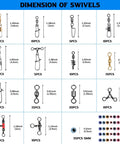 190 Piece Fishing Swivels Kit With 14 Types Including Ball Bearing Swivels, Rolling Barrel Snap, Three Way Crossline, Duo Lock Snap, Coastlock Snap, Crane Barrel, Corkscrew Swivels For Bass, Trout, Saltwater And Freshwater Tackle dimensions chart with assorted sizes and counts