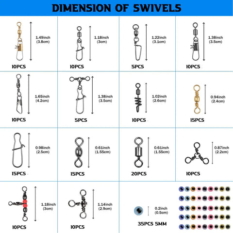 190 Piece Fishing Swivels Kit With 14 Types Including Ball Bearing Swivels, Rolling Barrel Snap, Three Way Crossline, Duo Lock Snap, Coastlock Snap, Crane Barrel, Corkscrew Swivels For Bass, Trout, Saltwater And Freshwater Tackle dimensions chart with assorted sizes and counts