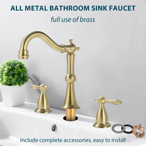 8 Inch Widespread Brushed Gold Bathroom Faucet With Overflow Pop Up Drain Assembly And 3 Hole Mount Solid Brass Vanity Sink Tap