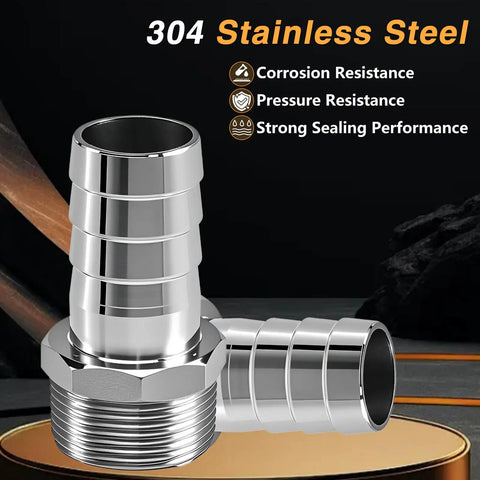 Two Pack Stainless Steel 1-1/4 Inch NPT Male Hose Barb Fittings Connectors for Water Air and Gas Lines, shiny finish