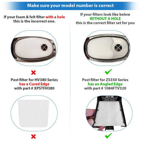 Comparison of post filter designs for HV380 Series with a hole and ZS350 Series without a hole for Shark Rocket vacuums.