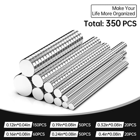 Boss Level Rare Earth Neodymium Magnets For 3D Printing Gear And Paper Crafts 350 Piece Assorted Bulk Set, multiple sizes displayed.