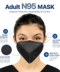 Woman wearing NIOSH Approved N95 Respirator Mask Black 50 Pack Made In USA With Overhead Head Straps For A Tight Seal And 95 Percent Filtration
