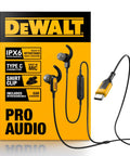 Heavy Duty USB C Earbuds For Jobsite With Microphone And Volume Control displayed on yellow and black packaging.