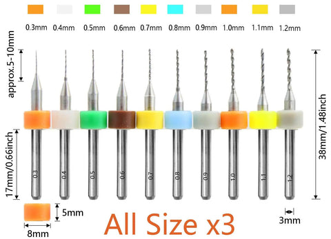 Pro Grade Carbide PCB Drill Bits Set, 30 Pcs Spiral Flute Micro Bits, 0.3 To 1.2 mm Range, Color Coded, Tungsten Steel, Size Chart Display
