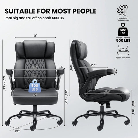 Big And Tall 500Lbs Office Chair With Inflatable Lumbar Support, front and side view, extra wide seat, ergonomic design.