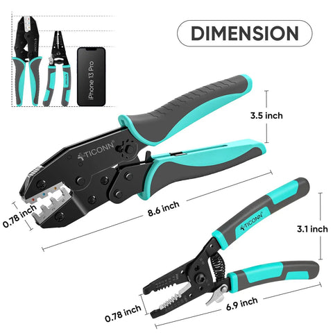 Ratcheting Wire Crimp Tool Combo Kit For Heat Shrink Connectors And AWG 22 To 10 Splices with cushioned non-slip handles