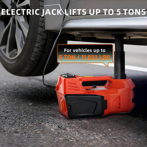 Electric Car Jack 5 Ton Hydraulic Floor Jack With Electric Impact Wrench Tire Inflator And LED Light Fast Lift From 6.1 To 17.7 Inches Emergency Roadside Tire Changing Kit For SUV Sedan Truck in use under a vehicle