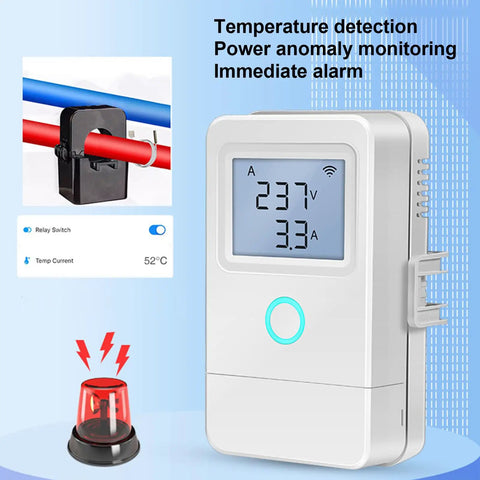 WiFi Home Energy Monitor Three Channel Power Tracker Real Time Usage Up To 100A Per Channel With 16A Relay LCD Overheat Alarm And App Control Via Tuya Smart Life For Smart Home Appliances, white wall-mounted unit with LCD display