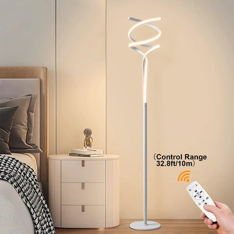 LED Modern Floor Lamp For Living Room With Remote Dimmer Three Color Temperature Modes 40W 2500LM Dimmable Standing Spiral White Lamp 63 Inches Tall Ideal For Bedroom Office And Cozy Vibe next to bed and drawer