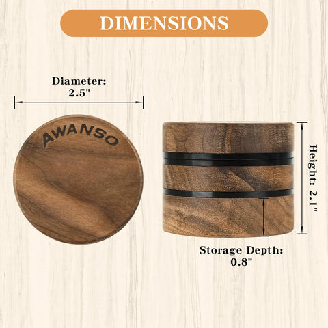 Front view of AWANSO 3-piece walnut wood and aluminum spice grinder; 2.5 in diameter, 2.1 in tall, 0.8 in storage depth