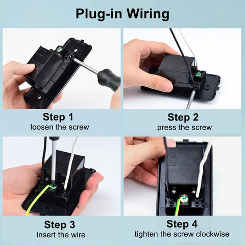 Wiring steps for Heavy Duty Black USB Wall Outlets 4 In 1 Receptacles with hands inserting wires and using a screwdriver.
