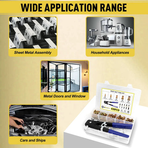 Rivet Nut Tool Kit Set With 430 Pieces Zinc Plated Carbon Steel M3 M4 M5 M6 M8 Embedded Nuts showcasing wide application range