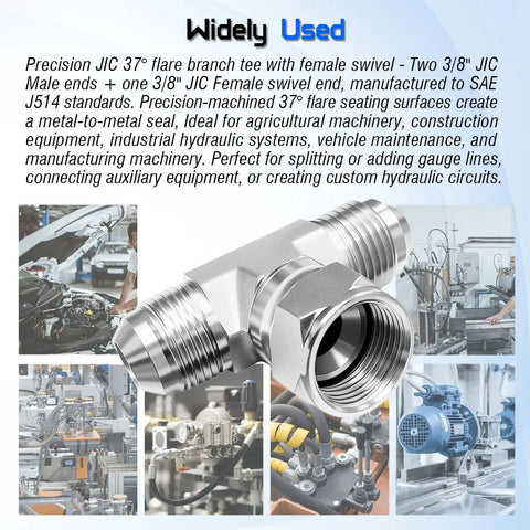 Heavy Duty Hydraulic Tee Fittings Three Eighths JIC Male To Male And Three Eighths JIC Female Swivel 360 Degree Rotating End Carbon Steel 37 Degree Flare SAE J514 Tee Connector Two Pack in hydraulic system use