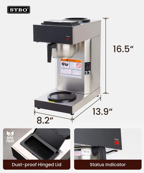 12 Cup Commercial Pour Over Coffee Maker With Industrial Stainless Steel Design, Dual Warmers, No Glass Carafe Included