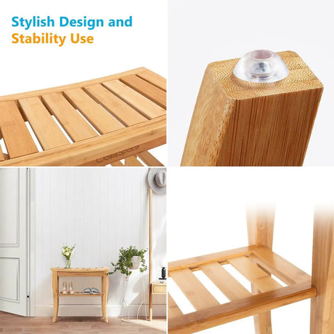 Bamboo Shower Bench 19 Inch Waterproof Shower Chair with Storage Shelf, close-up of slats, non-slip pad, and room setup