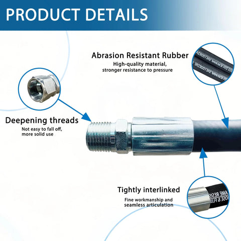 Hydraulic hose assembly with 1/4-inch male NPT fittings, black rubber hose, 12 inches long.