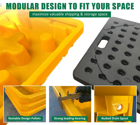 Heavy Duty Spill Containment Pallet For 55 Gal Drum, Low Profile Leak Proof Platform With 11.35 Gallon Sump, Removable Grating