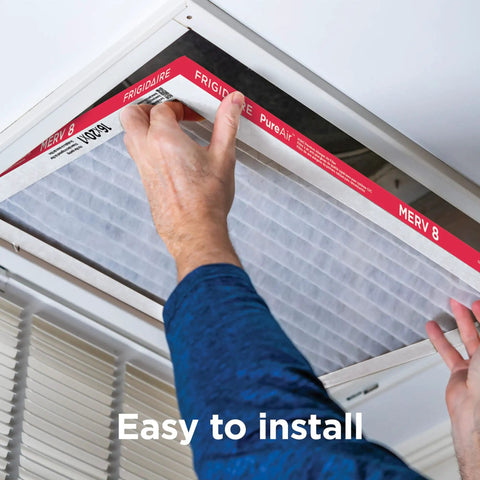 Person installing Allergen Buster Pleated Air Filter 16x20x1 MERV 8 Electrostatic For HVAC AC And Furnace High Performance 6 Pack