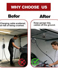 Universal Ev Charger Cable Retractor Features Slick Garage Cord Organizer For Level 2 Wall Or Ceiling Mount shows before and after installation.