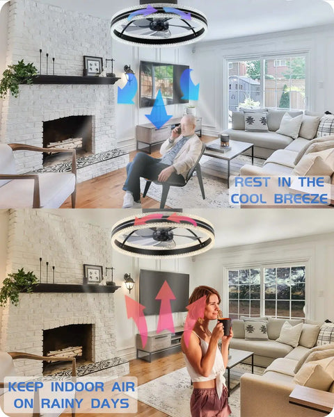 Living room with Enclosed Flush Mount Ceiling Fan With Light And Bluetooth Speaker, Low Profile 19.8 Inch, operating with air flow.