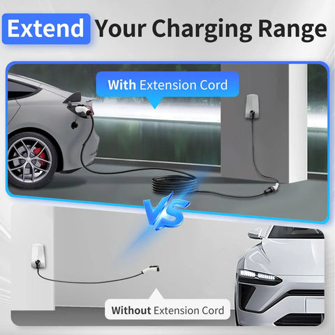 Kickstart Your Daily Circuit With This Roughneck Grade 21 Ft Level 2 Ev Charger Extension Cord Providing 50 Amp Heavy Duty Power And Smooth Top Notch Charging For All J1772 Rides, comparison of charging with and without extension cord.