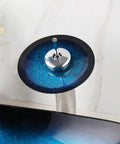 Blue 21 Inch Oval Glass Vessel Sink With Faucet And Pop Up Drain Above Counter Modern Bathroom Vanity Setup Tempered Hand Painted Glass Artistic Yet Slick top view