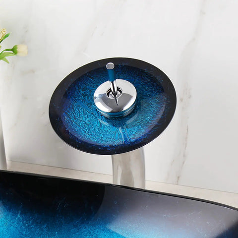 Blue 21 Inch Oval Glass Vessel Sink With Faucet And Pop Up Drain Above Counter Modern Bathroom Vanity Setup Tempered Hand Painted Glass Artistic Yet Slick top view
