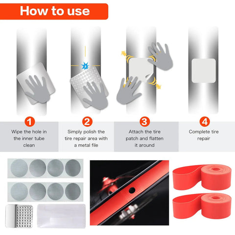 Step-by-step guide for using repair kit included with 24x1 3/8 Wheelchair And City Bike Tires And Inner Tubes AV 32mm Schrader Valve