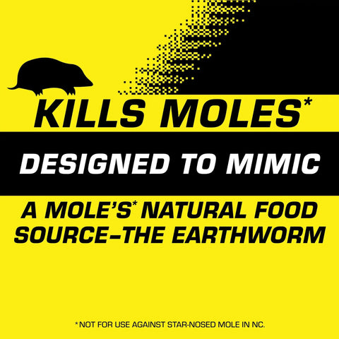 Mole Killer Worm Baits For Lawns And Yards, Mimics Mole Food To Kill With One Feeding, Simple Runway Setup, text on yellow background