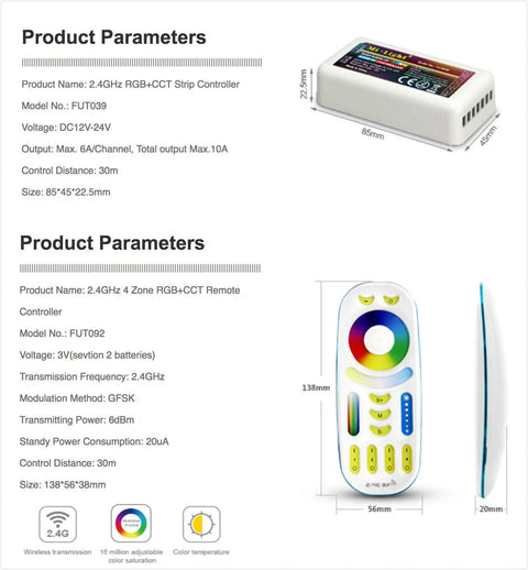 RGB Plus CCT LED Strip Lights Kit With Four FUT039 Modules And One FUT092 Remote, showing technical specifications.