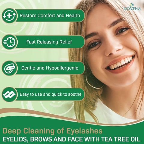 NOVEHA eyelid and lash wipes, 60 pcs, tea tree and coconut oil, individually wrapped daily eye cleanser