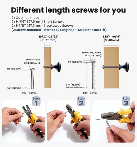 Diagram showing screw options for Beefy Matte Black Zinc Alloy Cabinet Knobs 5 Pack with steps to adjust screw length.