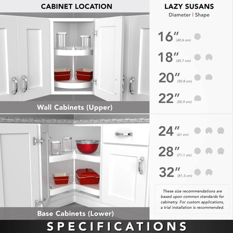 24 Inch Kidney Dual Tier Lazy Susan Slick Rotation Swivel Tray For Corner Base Cabinets Polymer Construction in upper and lower cabinet locations.