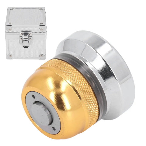Photoelectric Z Axis Setter With 0.0002 Inch Accuracy And 2 Inch Height Adjustment shown with gold and silver finish, includes case