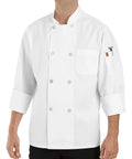 Men's Fresh White Chef Coat With Eight Pearl Buttons Double Breasted Stain Release Jacket Pre Shrunk Poly Cotton Blend For Pro Kitchen Grind Large US Size worn by male model.