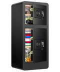 7.5 Cuft Large Fireproof Home Safe with digital keypad and two doors, showing hidden compartment, storing valuables and documents.
