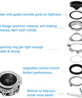 Heavy Duty Ridiculously Tough 3 Bolt Kitchen Sink Flange Kit With Stainless Steel Build And Splash Guard For Garbage Disposal No Sweat Install On Standard Openings Including Adjustable Wrench assembly parts showing rubber gasket, supporting ring, and wrench.