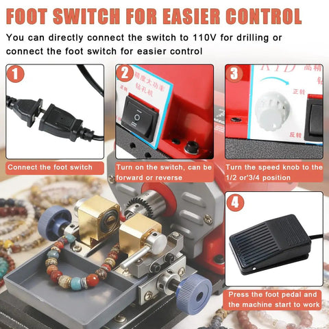 Foot switch control for 680W Professional Jewelry Drill Press and Pearl Hole Punching Machine, enhancing usability.