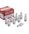 A Style 1/4 Inch MNPT Air Plug Silver 10 Count Pack For Quick Connect Systems Milton Compatible With A Style Couplers And Many Industrial Fittings Easy Fit With 1/4 Basic Flow Size. box with ten silver air plugs