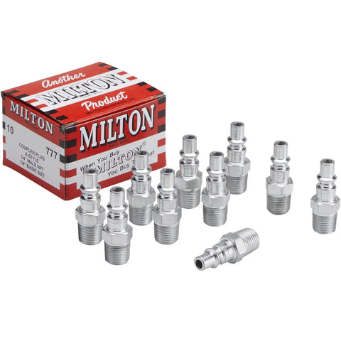 A Style 1/4 Inch MNPT Air Plug Silver 10 Count Pack For Quick Connect Systems Milton Compatible With A Style Couplers And Many Industrial Fittings Easy Fit With 1/4 Basic Flow Size. box with ten silver air plugs