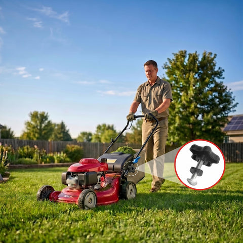 Man mowing lawn with red mower featuring Two Pack Handle Knob Bolt Washer Kit Replacement For Toro 92 2260 focus