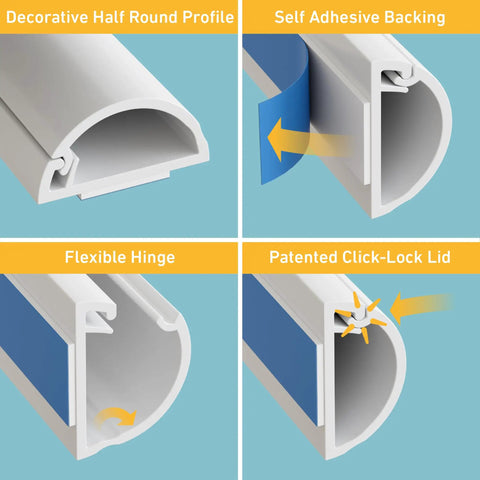 Half Round Cord Hider Cable Cover for TV Wires and Wall Mount Cables, paintable adhesive concealer details.